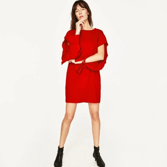 Women's Zara Red Ruffle Long Sleeve Knit Mini Dress Size‎ Large - Picture 1 of 6